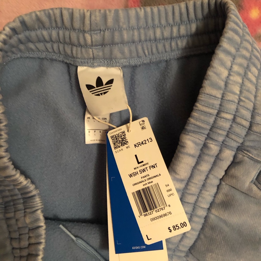 Blue-Washed trefoil zipper pockets drawstring waist L new sweatpants - Picture 3 of 11